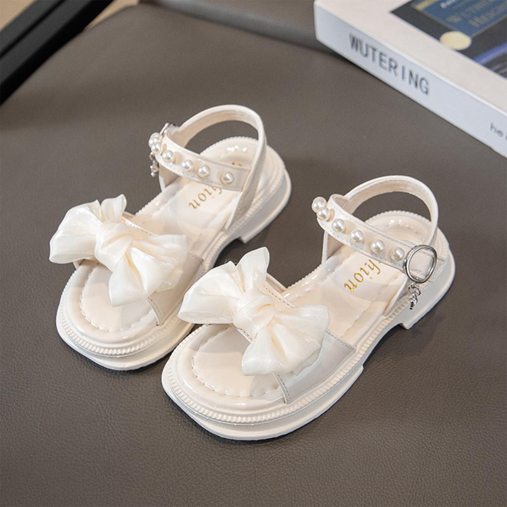 Girls Princess Style Sandals with Bow and Pearl Embellishments Open Toe Adjustable Buckle Strap Flat Sole Comfortable Summer Footwear