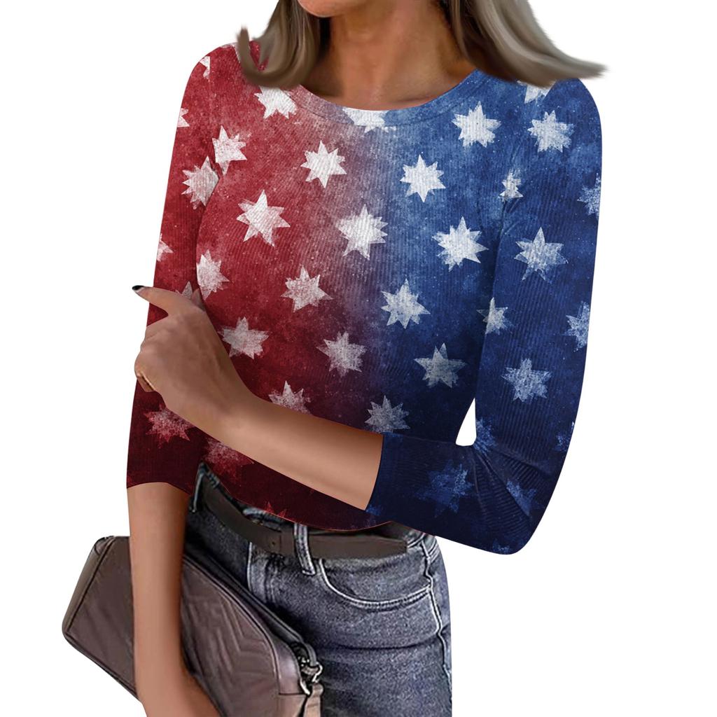 Women's Casual Fashion Round Neck Independence Day Print Three-Quarter Sleeve Ribbed Top