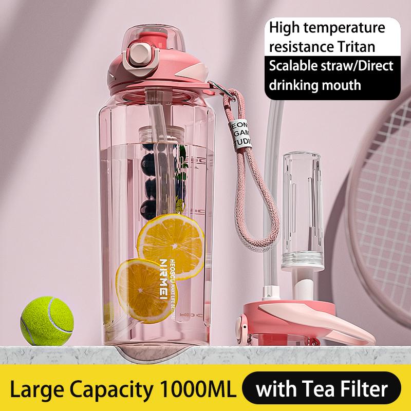 Large Capacity Sports Water Bottle with Time Marker Outdoor Portable Tritan Cup Leak-proof Water Bottles with Straw 1000/1500ML
