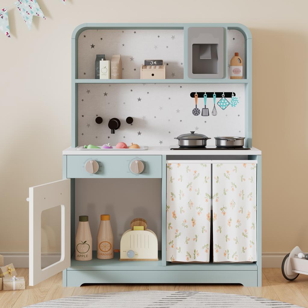 Children's Kitchen with Ice Maker and Microwave, Accessories and Surprise Effects, Gift for Children Aged 3 and Up, Wood + Plastic, Blue, 29x60x81cm