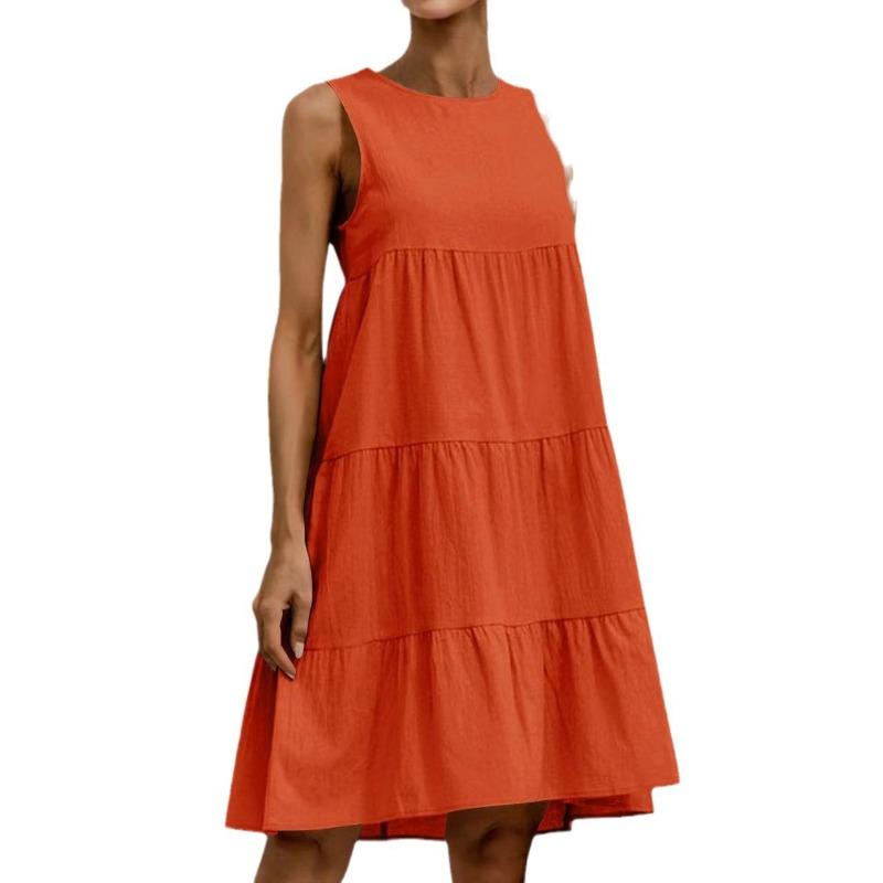 Plus-size Women's Sleeveless Patchwork Loose Round Neck Solid Color Dress