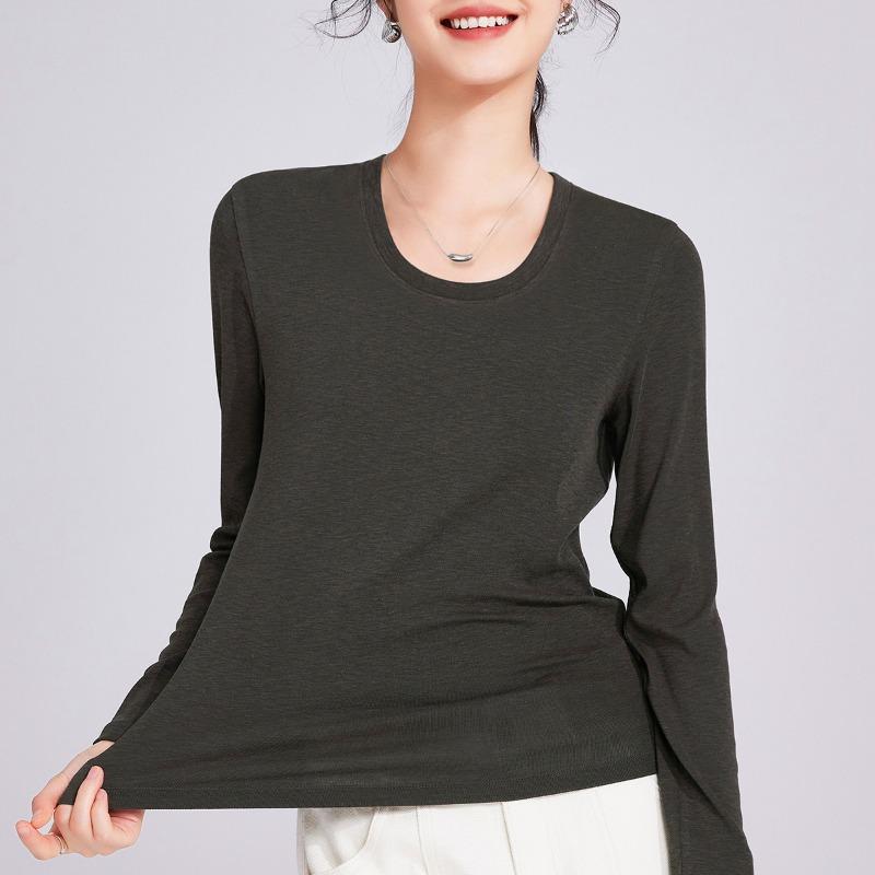 

[Lenzing Tencel Modal] Эластичная роса ключицы воротник с длинным рукавом женская облегающая базовая футболка с топом внутри M