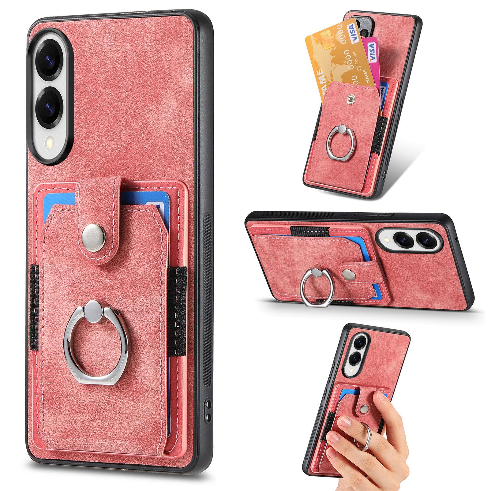 

For Samsung Galaxy S25 Edge Phone Case Leather Back Cover with Card Slots Kickstand Pink