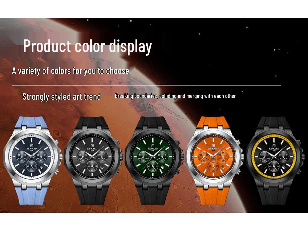 Men's Quartz Watch with Silicone Band, Multifunctional Design, Three Subdials, Six Hands, and Calendar.