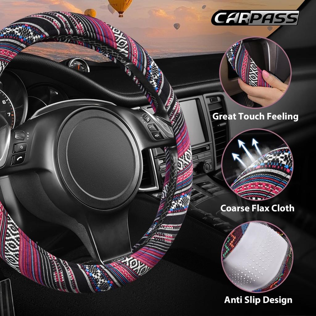 CAR PASS Boho Steering Wheel Cover, Ethnic Flax Cloth Universal Steering Wheel Cover,Anti-Slip Design, Fit 14.5-15 inches for Vehicles,Cars,SUV,Vans