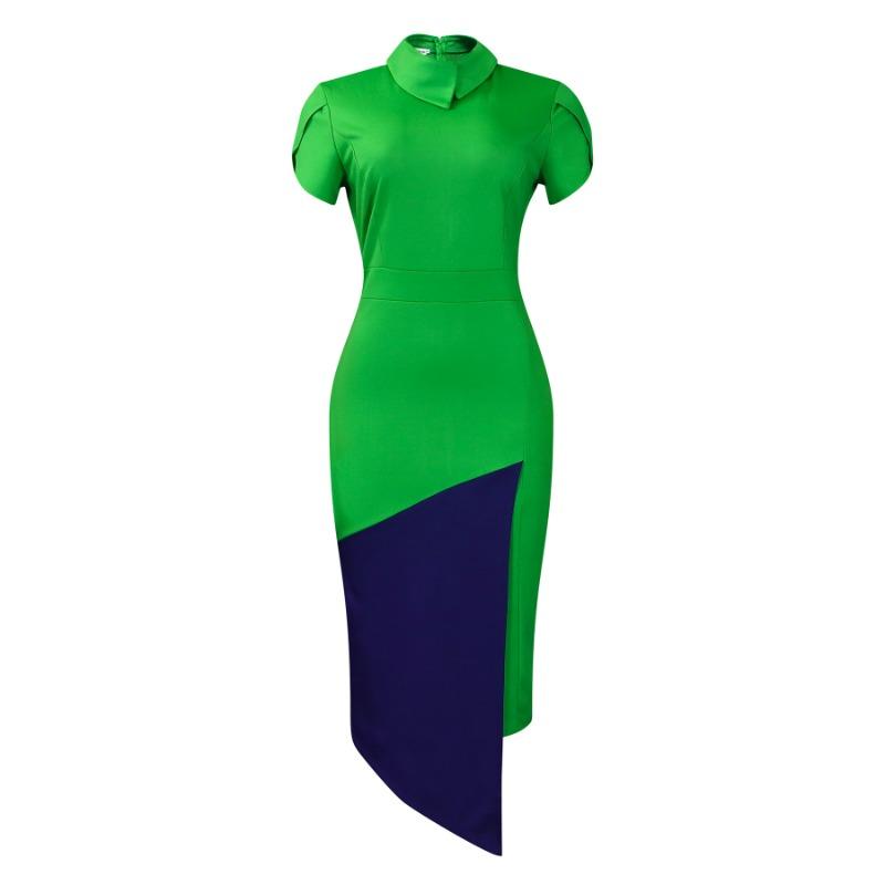 Women's Summer Oblique Neck Fashion Temperament Short Sleeve Hip Wrap Color Matching Pencil Skirt African Dress