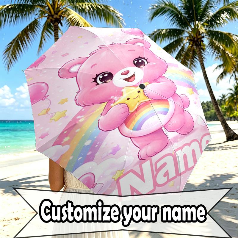 Custom Name Personalized Care Bears Print Umbrella, Auto Open Close, 8‑Rib Sturdy Frame, Commute Camping Hiking Use, Birthday Gift