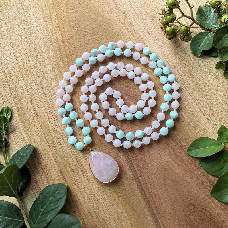 Green Moonstone,Madagascar Rose Quartz Mala,Rose Quartz Pendant,108 Knotted Beads Meditation Necklace,Healing Yoga Jewelry Gift