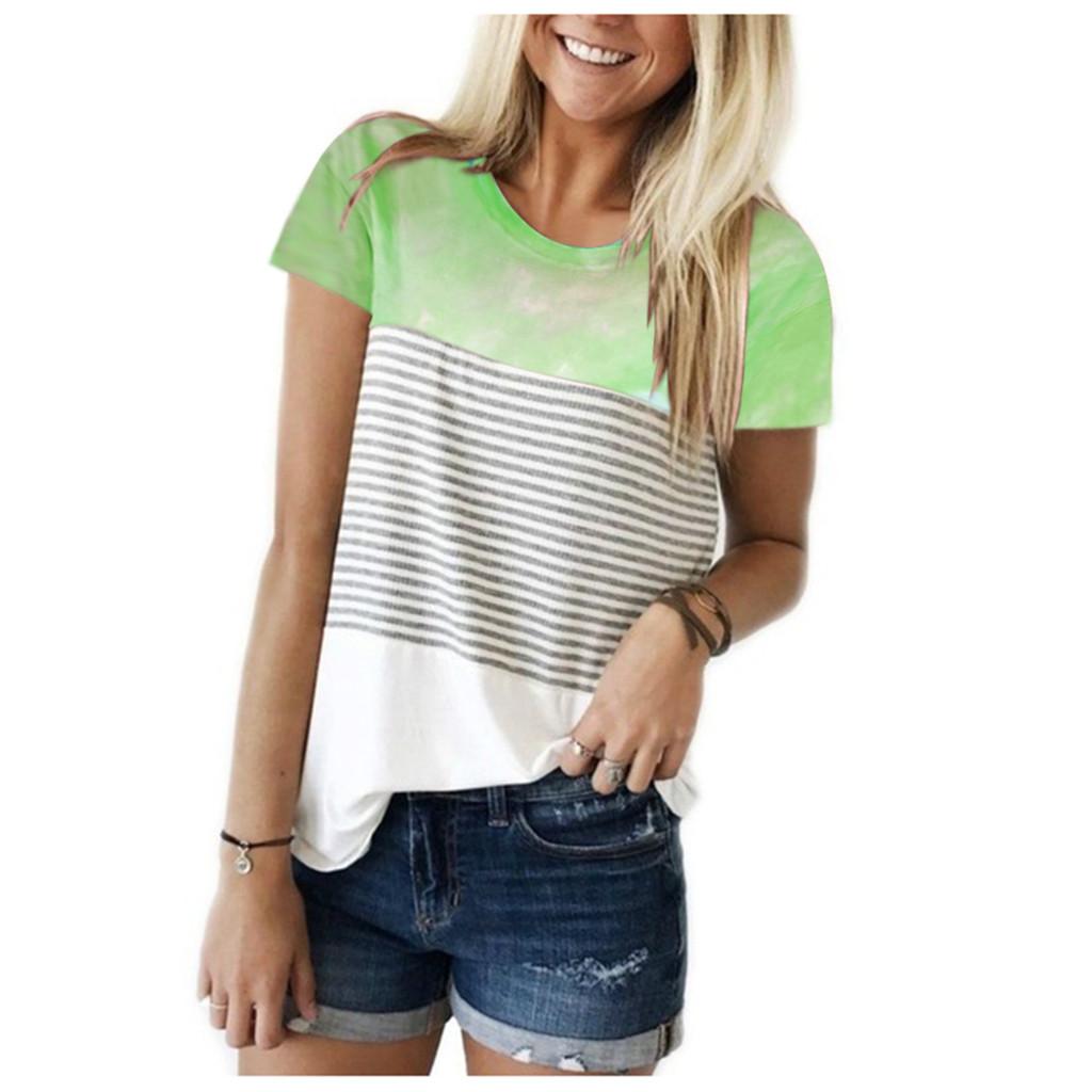 

(SU)Women Short Sleeve Tie-dye Color Block Stripe T-shirt Casual Blouse