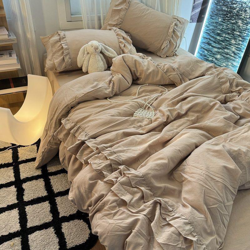 Green Patchwork Lace Duvet Cover and Bed Skirt Set - Washed Cotton, 4-Piece (for home) / 3-Piece (dorm). 1.2 Sheet Set, Student Dorm