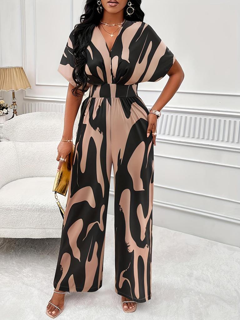 Spring/Summer Women's All-over Print Batwing Sleeve Wide-Leg Jumpsuit