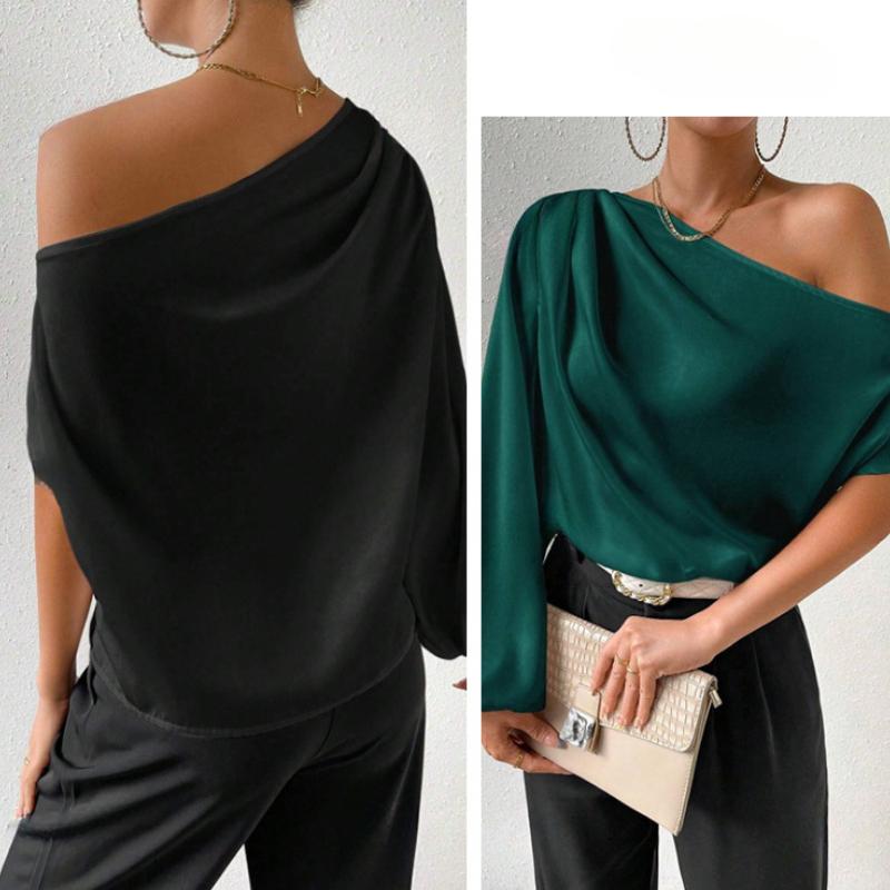Sexy Elegant Skew Collar Long Sleeve Casual Blouses Women Fashion Off Shoulder Temperament Women's Shirts Tops Solid Simple Slim Fit Lady Blouse 26399
