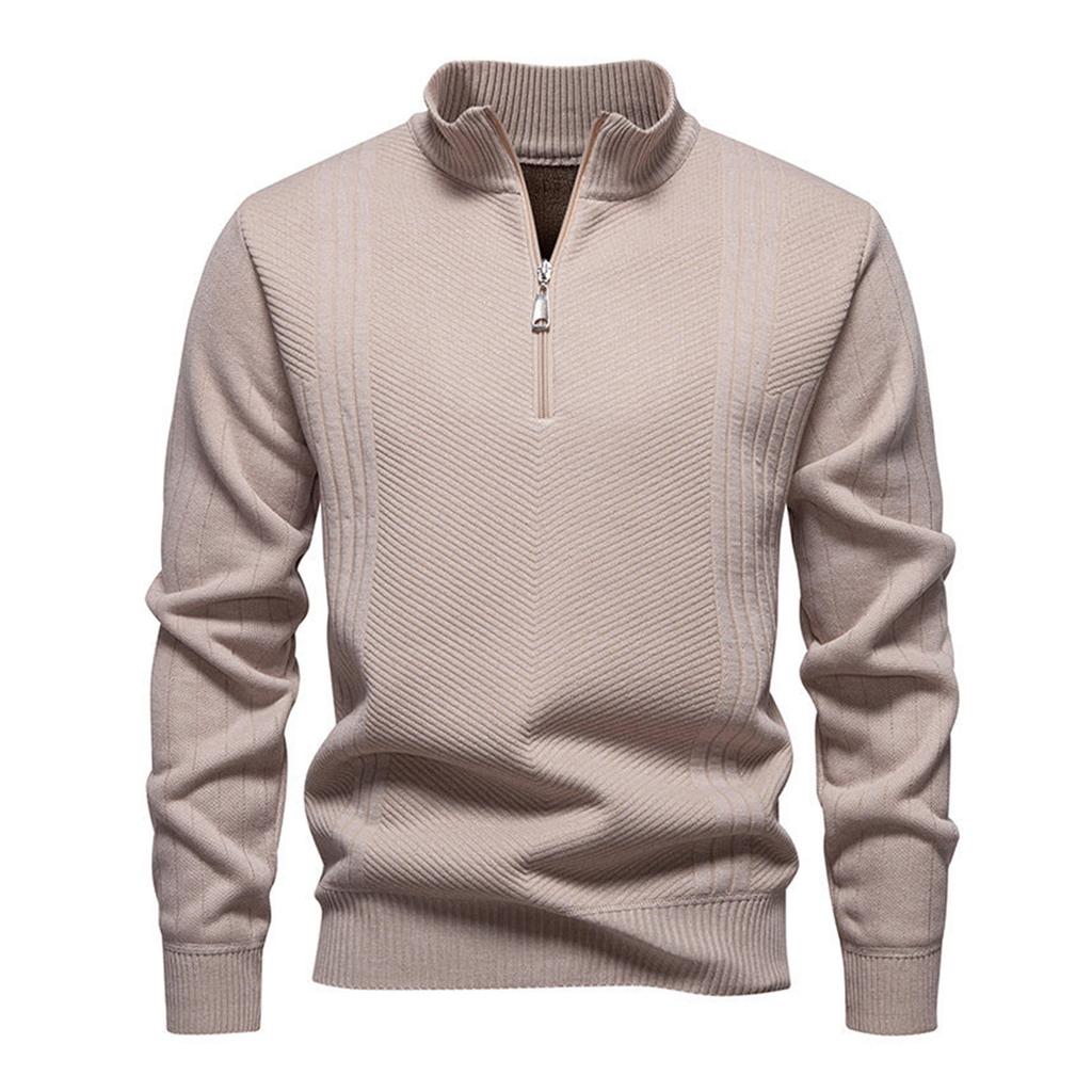 Men's Solid Color Textured Casual Pullover Stand Collar Sweater Jacket Plus Velvet Long Sleeve Top