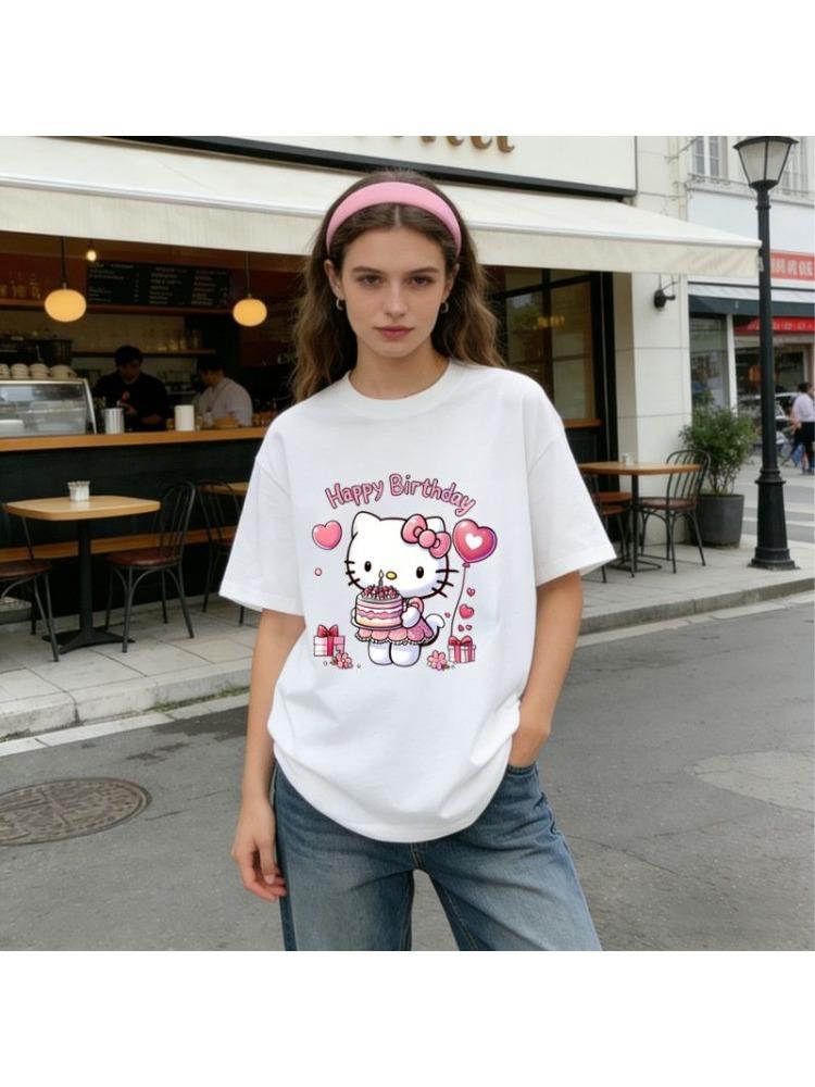 

2026 Hellokitty cotton trendy shortsleeved tshirt Womens summer Korean Comfortable summer loosefitting Womens clothing S