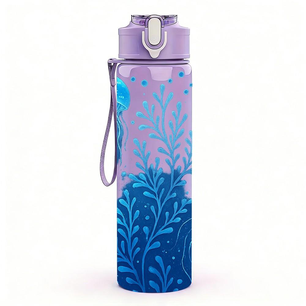 1PC Blue Jellyfish Coral Ocean Scene Print 750ml Color Plastic Sports Water Bottle Leakproof Flip Straw Lid Suitable for Sports Office Home Use