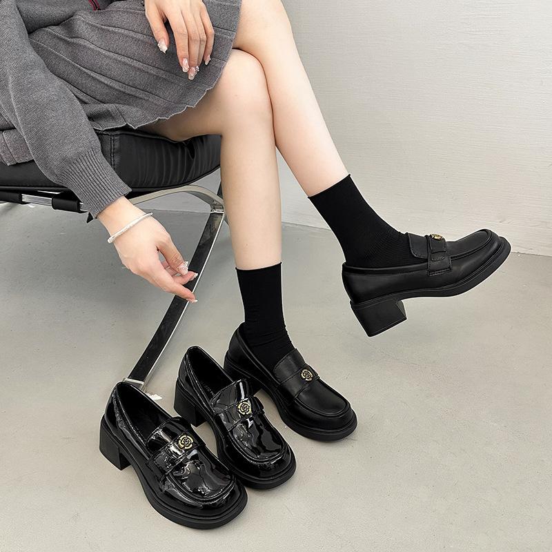 Black British High Heels Women's 2025 Autumn New Platform Heightening Small Leather Shoes One Pedal French Loafers