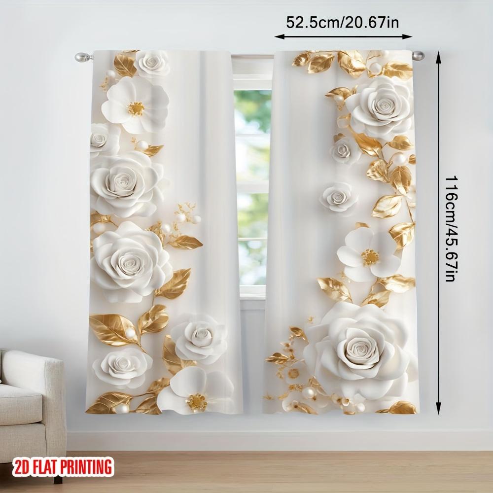 Set Of 2 Gold White Floral Curtains Design Living Room Office Bedroom Kitchen Elegant Made Polyester Area Window Treatment