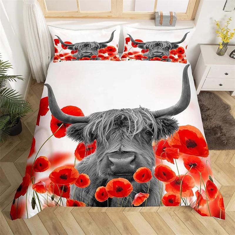 Highland Cow Bedding Set Polyester Bull Cattle Flowers Quilt Cover Western Wild Animal Duvet Cover Farmhouse Cow Bedspread Cover