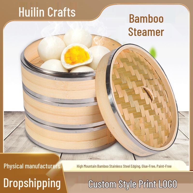 Mao Bamboo Steamer Basket with Stainless Steel Edge - Ideal for Baozi, Mantou, and Xiaolongbao.