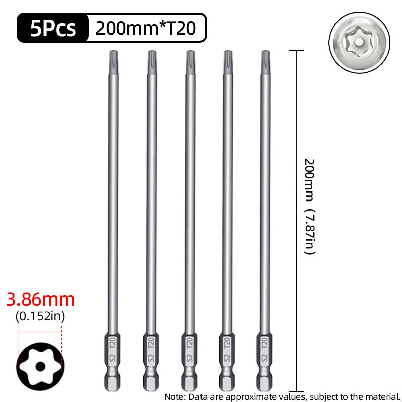 200mm Torx Screwdriver Bits Magnetic Hollow Plum Blossom Head S2 Steel Security Bit T6-T40 1/4'' Hex Shank Hand Power Tools