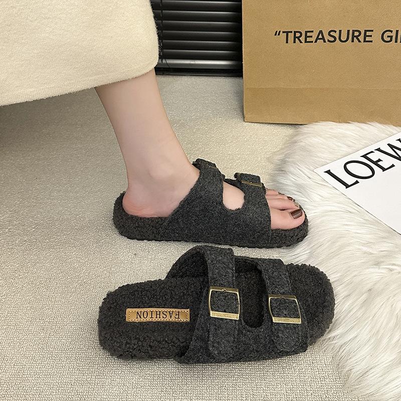 2025 autumn new belt buckle thick bottom fluffy slippers women wear warm Korean version one word lazy cotton slippers tide