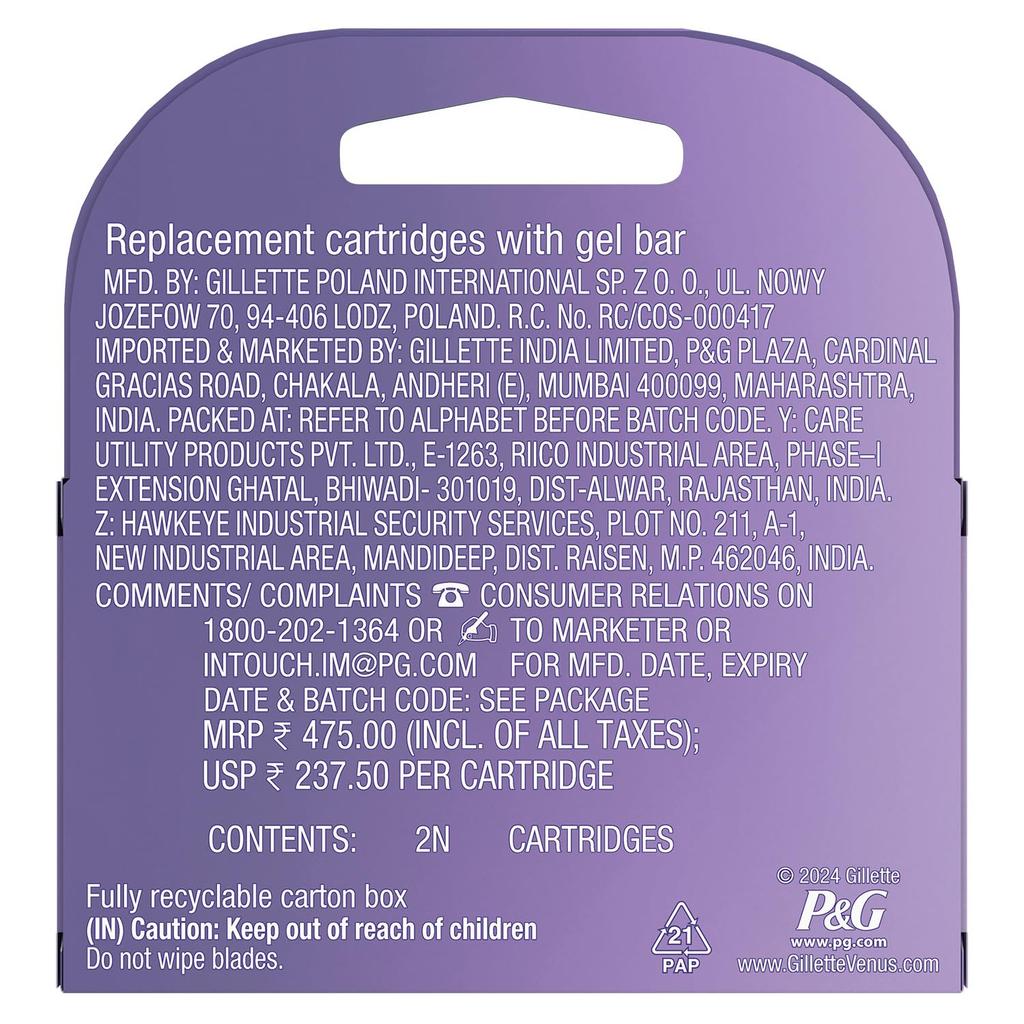 Gillette Venus Comfortglide Hair Removal Razor Blades/Refills/Cartridges for Women - 2 Pieces (Avocado Oils & Freesia scent soap gel bars)