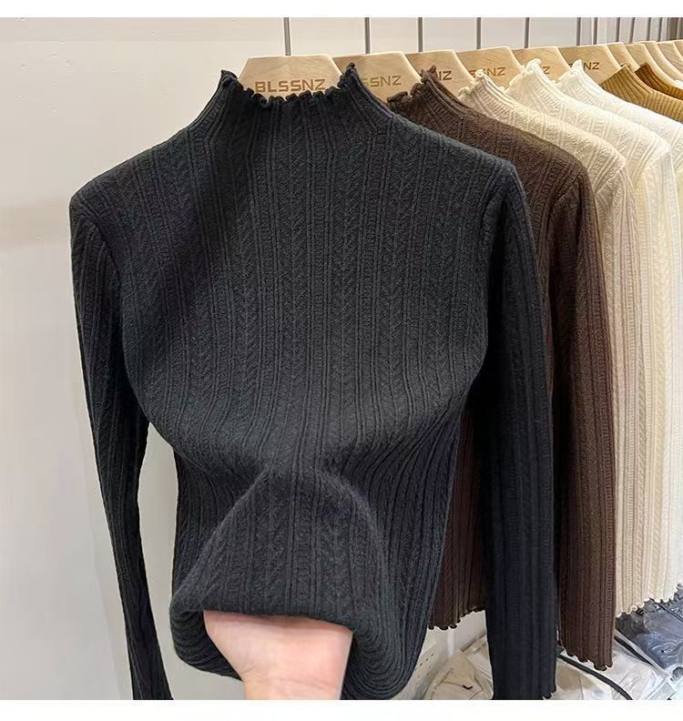 Korean Autumn and Winter New Fungus Lace Solid Color Long-sleeved Knitted Pullover Women's Basic Knitted Bottoming Shirt