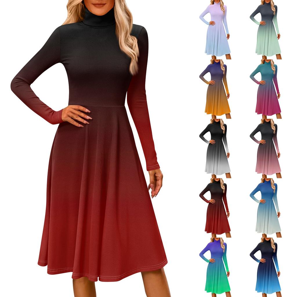 Women's Casual Fashion High Neck Long Sleeve Print Midi Dress
