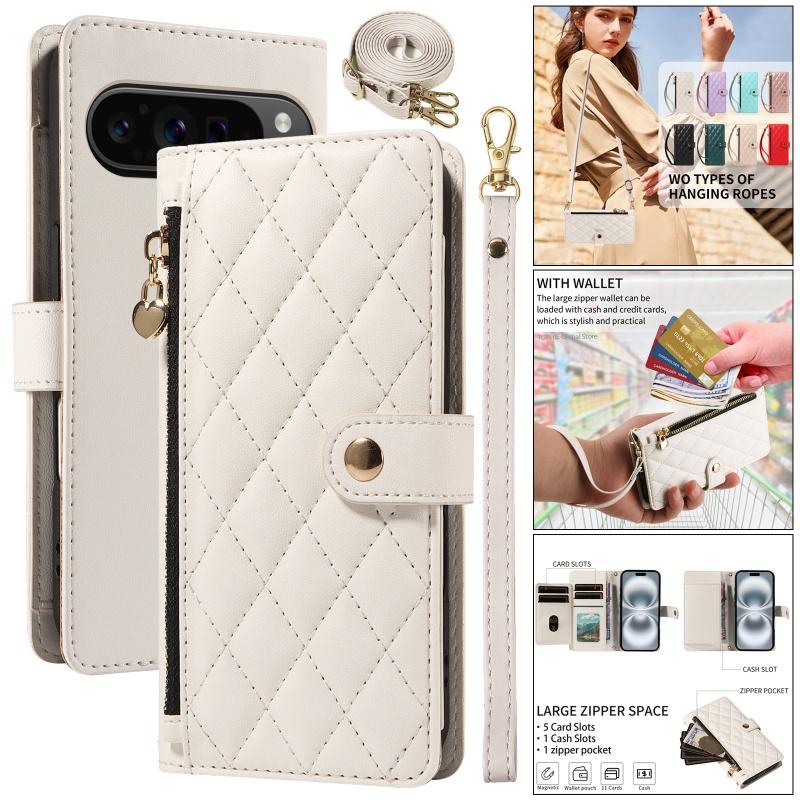 Long Lanyard Leather Zipper Flip Purse Phone Case For Google Pixel 10 Pro XL 9 9A 8 8A 7A 7 6A Wrist Strap Wallet Card Cover Bag