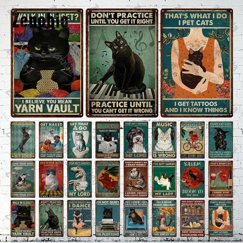 Animal Pet Black Cat Metal Poster Funny Vintage Plaque Metal Signs Tin Signs Cat Sitting On Toilet Tin Plate for Bathroom Decor