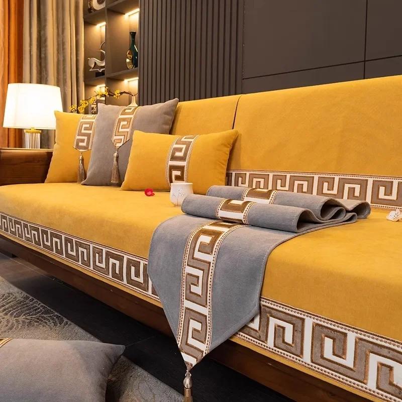 Chinese Style Chenille Sofa Cover Four Seasonal Universal Solid Wood Sofa Seat Cushion Joyful Anti Slip Red Chair Cushion Cover