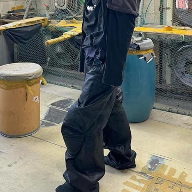 FlowStreet Vintage Cerato Nero Gamba Larga Larghi Pantaloni Cargo da Uomo Streetwear Cleanfit Pieghettati Casual Tuta Larga Pantaloni Larghi