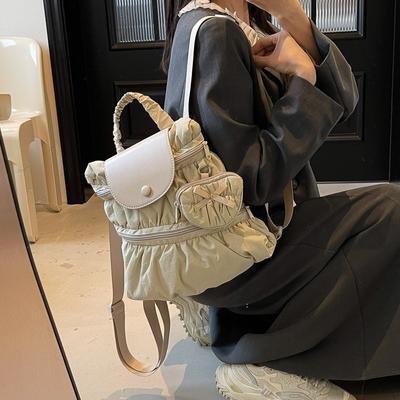 College Style Backpack Bag Women's New Trendy Fashion Pleated Nylon Canvas Bag Casual Portable Backpack