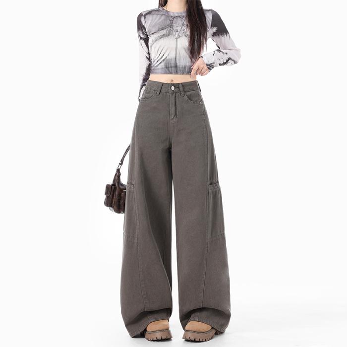 Women's High Waist Cargo Jeans Wide Leg Flare Jeans No Stretch Denim Pants Streetwear Pocket Trousers