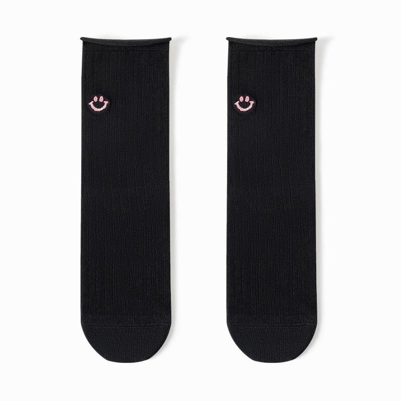 Female Spring and Autumn Color Embroidery Vertical Bar Rolled Edge Antibacterial Drum Pile Pile Cotton Socks