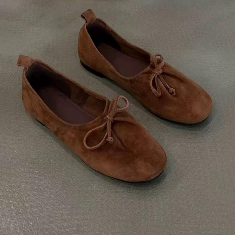 Sheepskin Version~ Retro Niche Suede Bow Round Head Loafers Women's Autumn Versatile Flat-soled Single Shoes