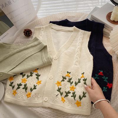 2023 Autumn Vintage Sweater Vest V-neck Embroidered Single Breasted Sleeveless Knitted Vest Girl