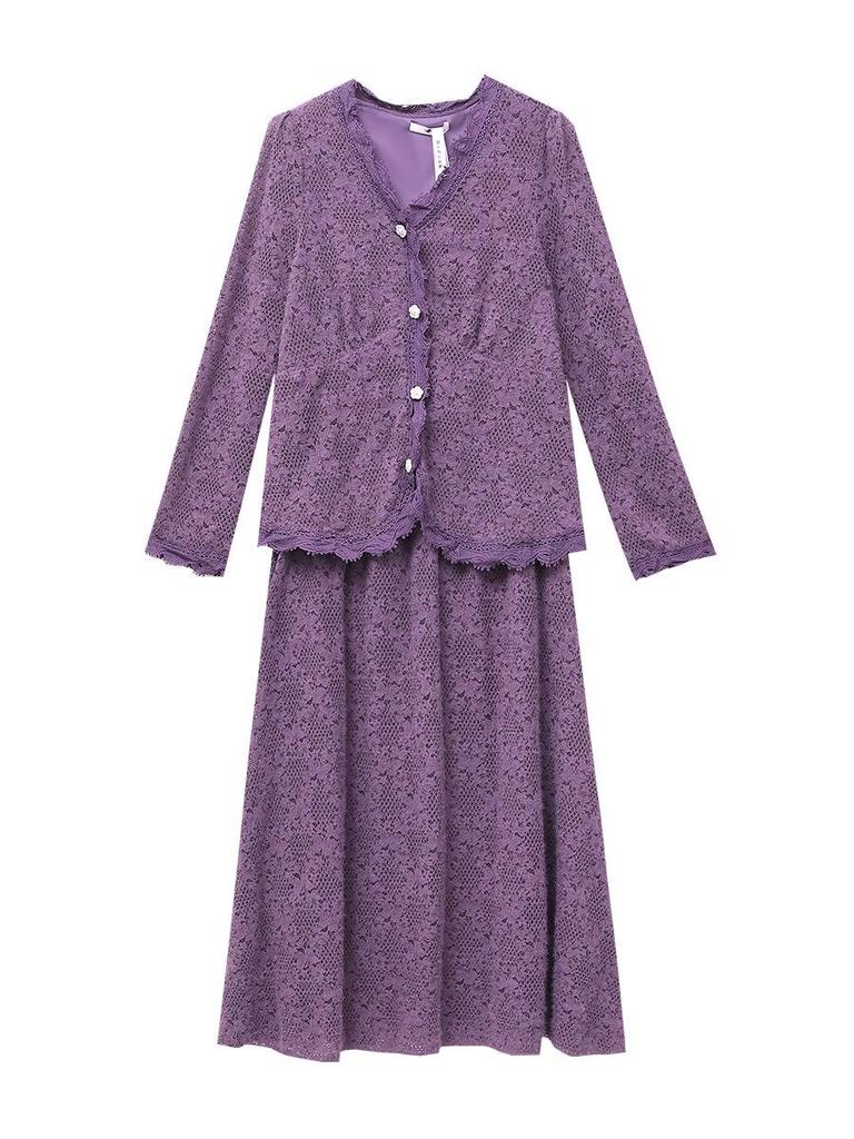 Plus Size Women's Elegant Purple Lace Top & Skirt Set for Spring/Autumn (130-300 Jin)
