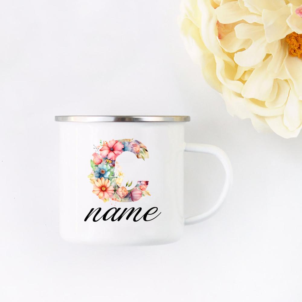 Personalisierte Blumige Initialen Namensbecher Benutzerdefinierter Name Tee Kaffee Heiße Schokolade Tasse Braut Brautjungfer Muttertag Geschenk für Sie