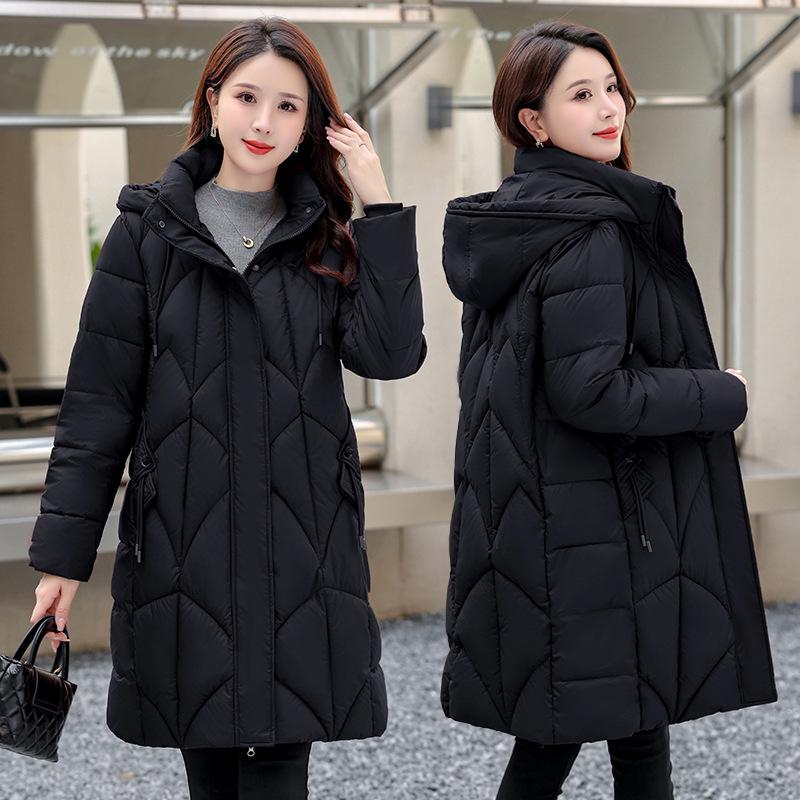 Women's Korean Style Mid-Length Cotton Coat with Detachable Hood - Loose Fit, Slimming, and Cold-Proof Winter Outerwear.