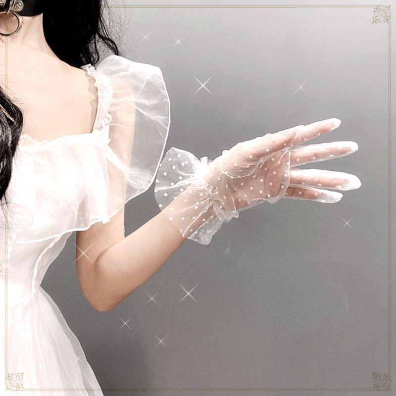 French Retro Polka Dot Mesh See-Through Lace Gloves Women'S Thin With Lace Wedding Dress Decoration Full Finger