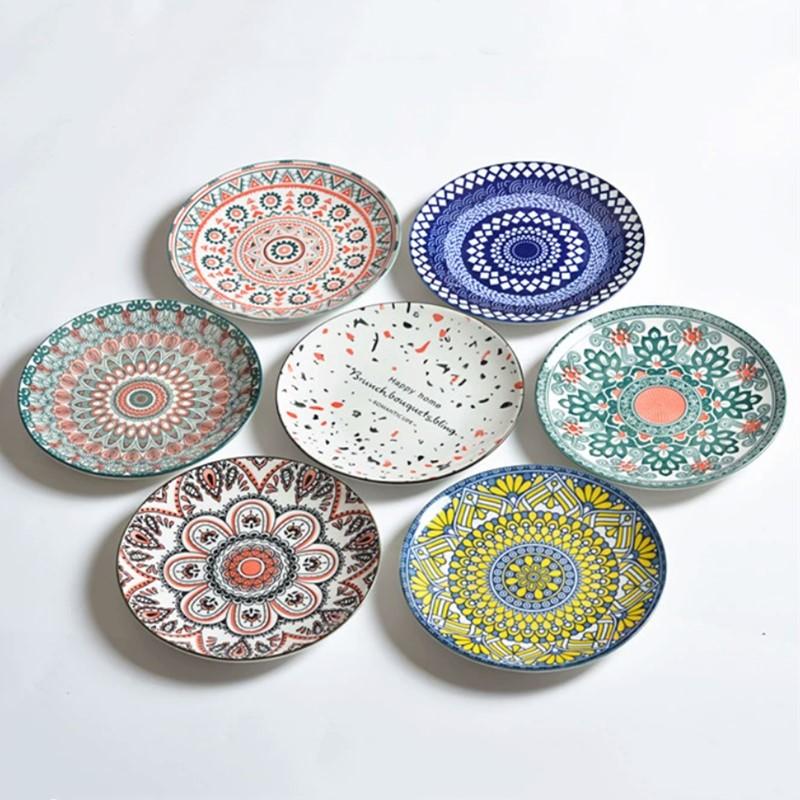 1PC Exquisite Ceramic Plate Round Flat Plate Home Underglaze Color Vegetable Salad Plate Fruit Dishes Kitchen Dinner Plates