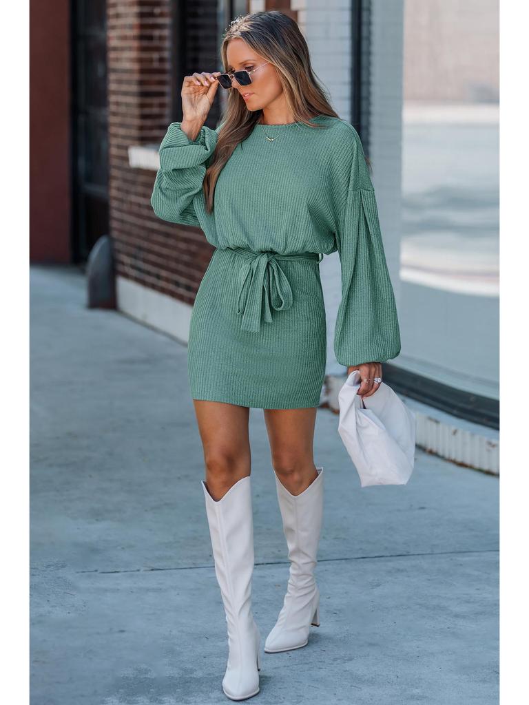 2026 Spring/Autumn Women's Long Sleeve Ribbed Knit Dress with Belt - European & American Style