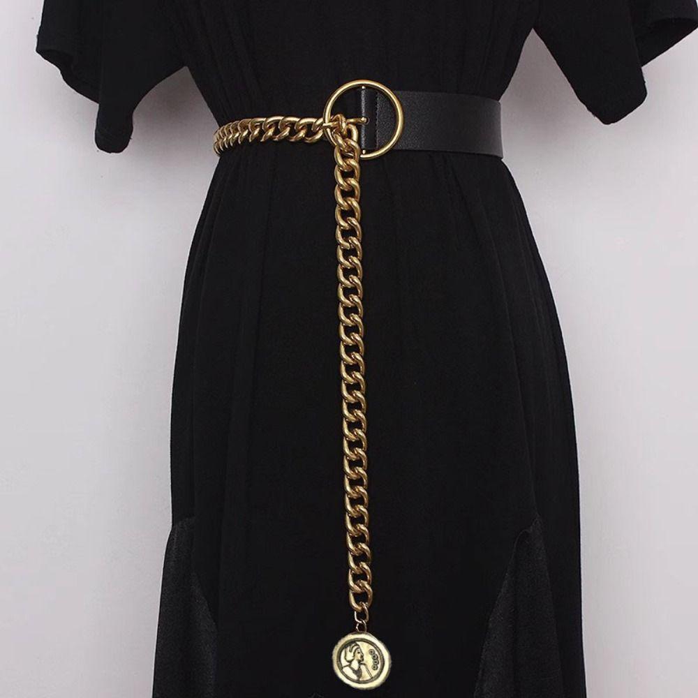 Slim Side PU Leather Belt Metal Buckle Dress Chain Retro Thin Waist Chain  Waist Accessories