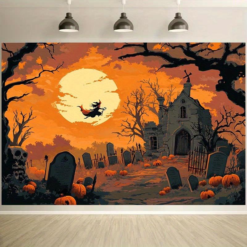 1 Terrifying Halloween Graveyard Scene Background Cloth - Wizard Riding Broom  Moonlight Graveyard  Carrying Pumpkin and Skull 180X110