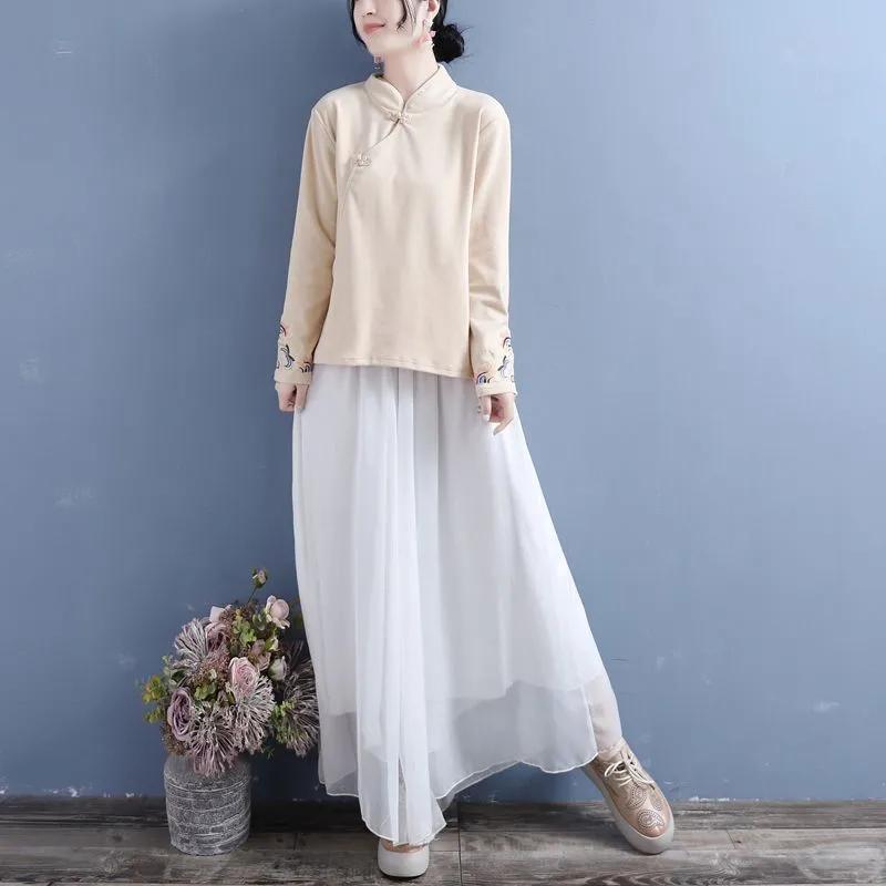 Catifea germană pe două fețe, broderie de toamnă și iarnă, cu guler în picioare, cu cataramă, pentru femei, în stil chinezesc, cămașă de rochie de ceai pentru femei