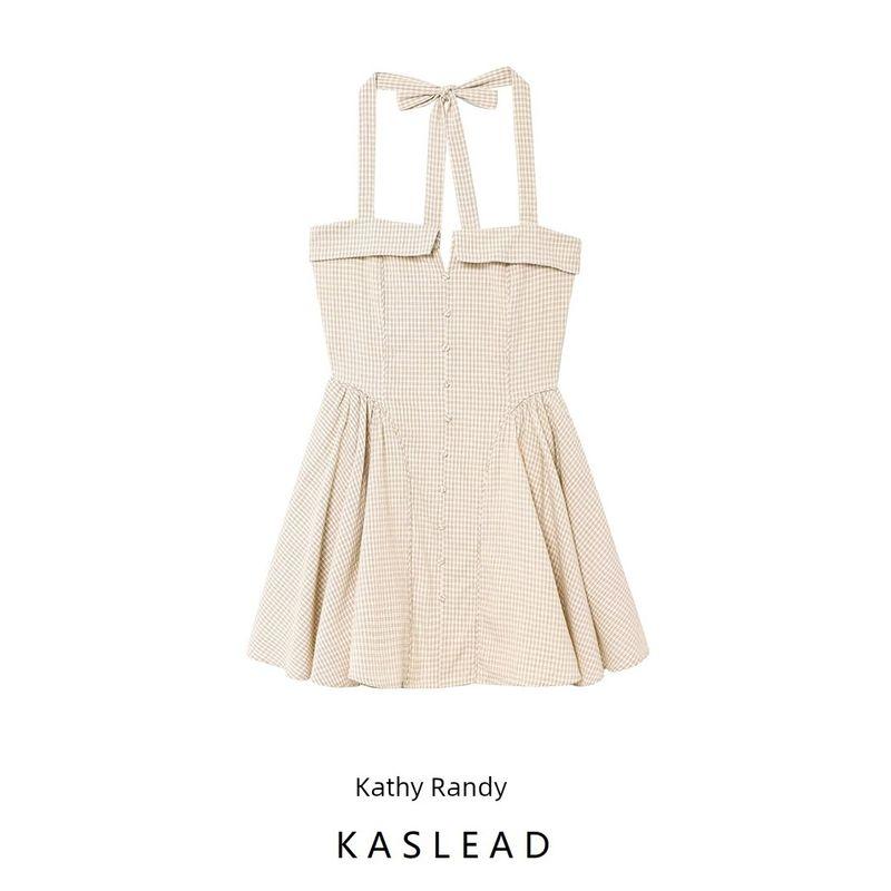 Kaslead New Women clothes Western Style Fashion Simple Neck Collar Plaid Dress 5107303