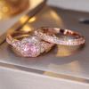 Crystal Female Pink Zircon Sqauarel Stone Ring Set Fashion Vintage Rose Gold Color Bridal Wedding Engagement For Women