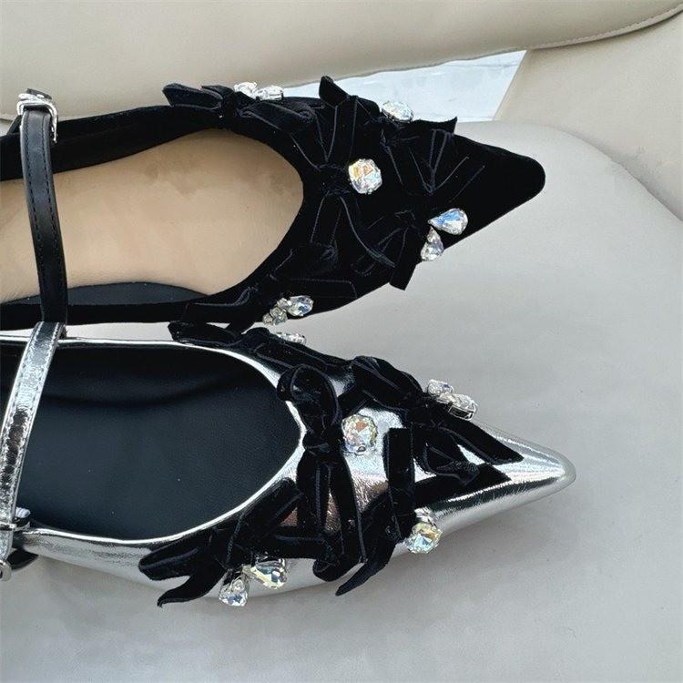 Fashion Mary Jane Shoes Women's Shallow Mouth 2025 New Summer Fashion Rhinestone Bow Pointed Flat-bottomed Shoes Zapatos De Mujer