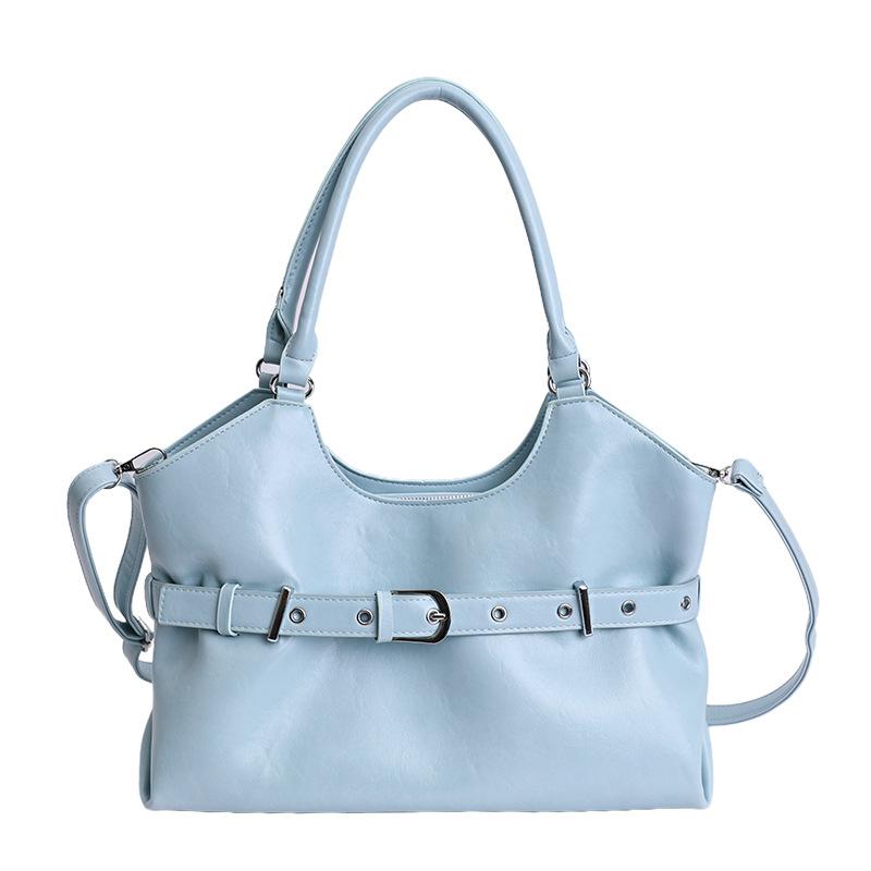 

Leather Tote Bag with Belt Detail Elegant Design Women Shoulder Bag for Daily Use синий